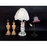 A continental lamp base with applied classical style figures of a woman and child, with indistinct