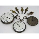 Three antique silver pocket watches together with a collection of watch keys