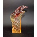 Tittott art glass paperweight in the form of a galloping horse, with pink and orange colourway