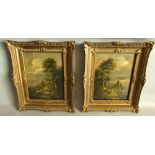 A pair of 20th century oil paintings on canvas of landscapes with figures and ruins, signed