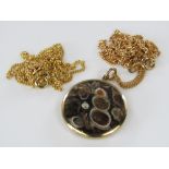 A 9ct necklace with circular jasper pendant together with an 18ct chain, 9.5g total