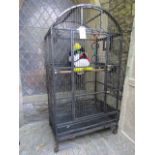 A large contemporary parrot cage, freestanding and portable with powder coated steel frame and