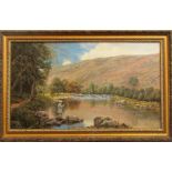 An early 20th century oil painting on canvas of a river landscape with fishermen, inscribed verso