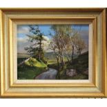 A 20th century oil painting on board by Alan R Thompson of a country lane, signed bottom left and