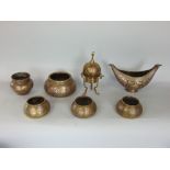 A collection of six pieces of Damascus wares, in brass all with overlaid detail in copper and silver