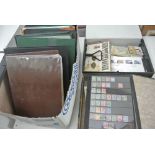 A box and two box files containing GB and world stamps in albums, bags, folders also FDC's and