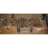 Three boxes of miscellaneous 19th century and other iron work including bale hooks, outsized