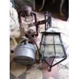 A vintage bullfinch cast alloy framed gas light, further vintage storm lantern with oval brass label