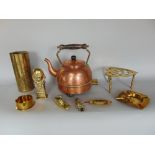 A mixed metal ware lot to include trench art vase decorated in relief with scrolled victoriana