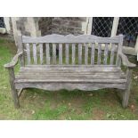 A P J Bridgman & Co Ltd weathered Iroko three seat garden bench, with slatted seat and back