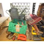 A collection of galvanised iron watering cans, buckets, hand tools, brass garden sprays, etc