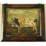 An oil painting on canvas in the 19th century manner showing a cow in a landscape setting, signed RV