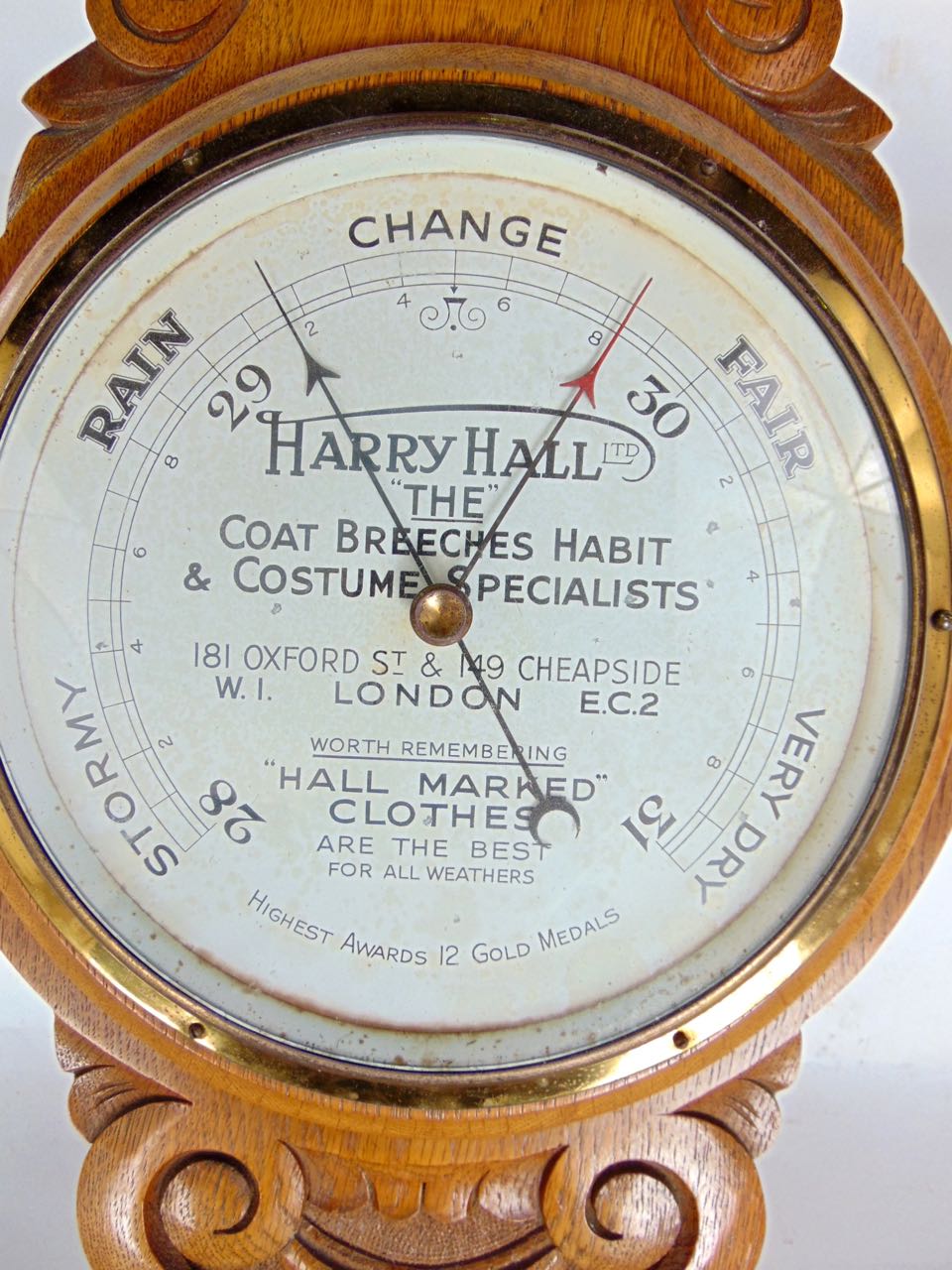 Oak banjo barometer thermometer, the dial inscribed 'Harry Hall Ltd, The Coat Breaches Habit and - Image 2 of 2