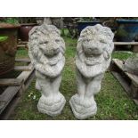 A pair of cast composition stone garden ornaments in the form of seated lions, 55 cm high approx