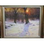 A contemporary oil painting on canvas of a winter woodland scene at sunset, signed DA Hellis, 50 x