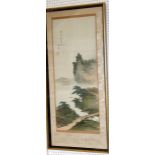 An oriental painting on a silk panel of a landscape with figure on a bridge, 80 x 32cm approx, a