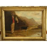 A 19th century English school oil painting on board showing a gentleman standing in a landscape