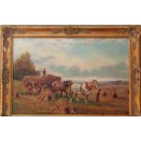 An early 20th century oil painting on canvas of a harvesting scene with a pair of shire horses