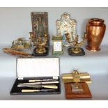 A good mixed lot to include three art nouveau Standishes, a pair of French ormolu twin branch