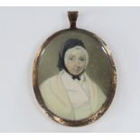 19th century school - bust portrait of a lady in a black bonnet wearing a cream cloak, mounted