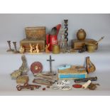 A mixed miscellaneous lot to include candlesticks, marquetry boxes, harmonicas, land tape, Lipton