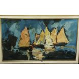 A 20th century oil painting on canvas of sailing boats, signed R Quick and dated 69, 58 x104 cm