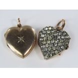 Two yellow metal heart shaped lockets; the first example paste encrusted and the second set with a