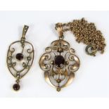 A 9ct art nouveau articulated pendant set with seed pearls and almandine garnets, together with a