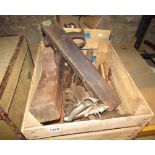 A mixed collection of old/vintage workshop tools including box, moulding and other planes, drill,
