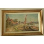 A late 19th century oil painting on board of a harbour scene with fishing boats, indistinctly signed