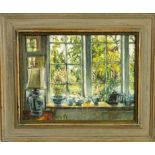 A 20th century oil painting on board by Roderick Showan of an interior scene with views through a