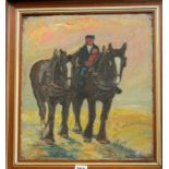 A 20th century oil painting on board by Charles White showing a pair of heavy horses, ridden by a