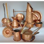 A mixed lot of antique copper ware to include jelly moulds, stick stands, plungers, jugs, etc