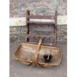 A primitive pine plate rack with painted finish, a traditional trug and a 19th century brass