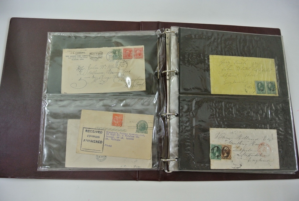 An album containing approx 58 USA postal items mostly addressed to England, dating from the late