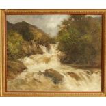 An early 20th century oil painting on canvas of a waterfall in full torrent in a mountainous