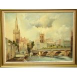 A 20th century oil painting on canvas of a Bristol city river scape with view towards Bristol