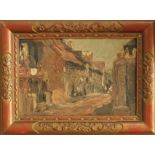 An early 20th century oil painting on canvas in the impasto technique of a street scene painted in