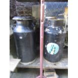 Four vintage milk churns with later painted finish (two complete with caps), together with a stack