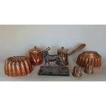 A mixed collection of metal ware to include a bronze study of a standing hound, four copper jelly