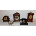 Group of five vintage time pieces to include, Watford car clock...