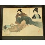 A late 19th century Japanese coloured woodblock print showing a sleeping man with book over his