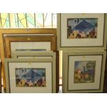 A quantity of coloured prints of abstract style landscape subjects with buildings, max size 42 x