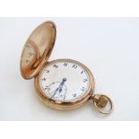 9ct hunter pocket watch, with enamel dial, subsidiary second dial and Arabic numerals, 90 grams