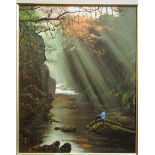 A contemporary oil painting on canvas of a river scene with figure, signed Wilde-Latham, 50 x 40