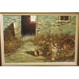 A 20th century oil painting on board of a farm building exterior, with old cartwheel, flowers,