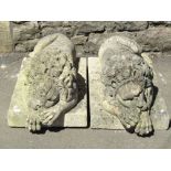 A pair Victorian hand carved stone Canova style recumbent lions with rectangular platform bases,