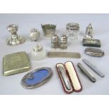 A mixed collection of bijouterie silver to include silver pocket/pen knife, silver cased