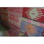 Three various colourful Kelim flat weave runners, various colours and designs (3)