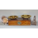 Attractive Victorian fruitwood table top scales, with two brass plates and weights, together with